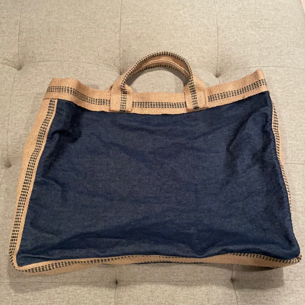 Handmade denim and burlap tote 13.5”x3”x18” in EUC
